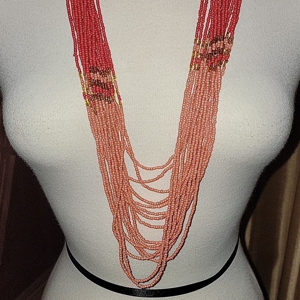 Beaded Multistrand Necklace Red and Orange - Picture 2 of 7